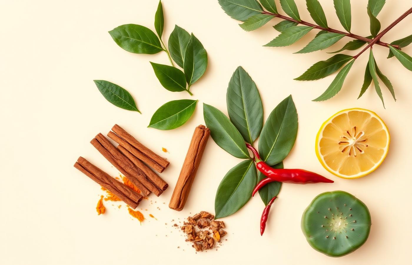 Flat lay of botanical ingredients including green tea leaves, cinnamon, turmeric, chilli and cactus